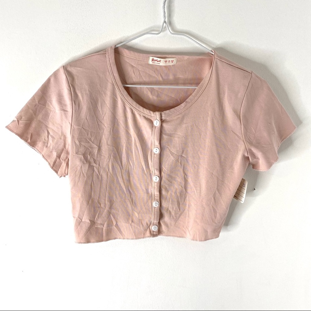 ROMWE Pink Button Front Crop Top Scoop Neck Short Sleeve Cropped Tee NWT